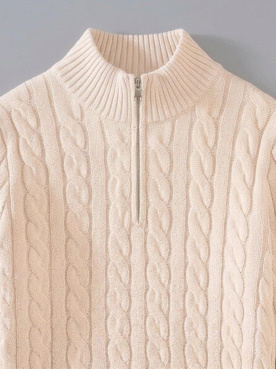 Cernobbio Men's Cable-Knit Half-Zip Sweater — cream — detail-2