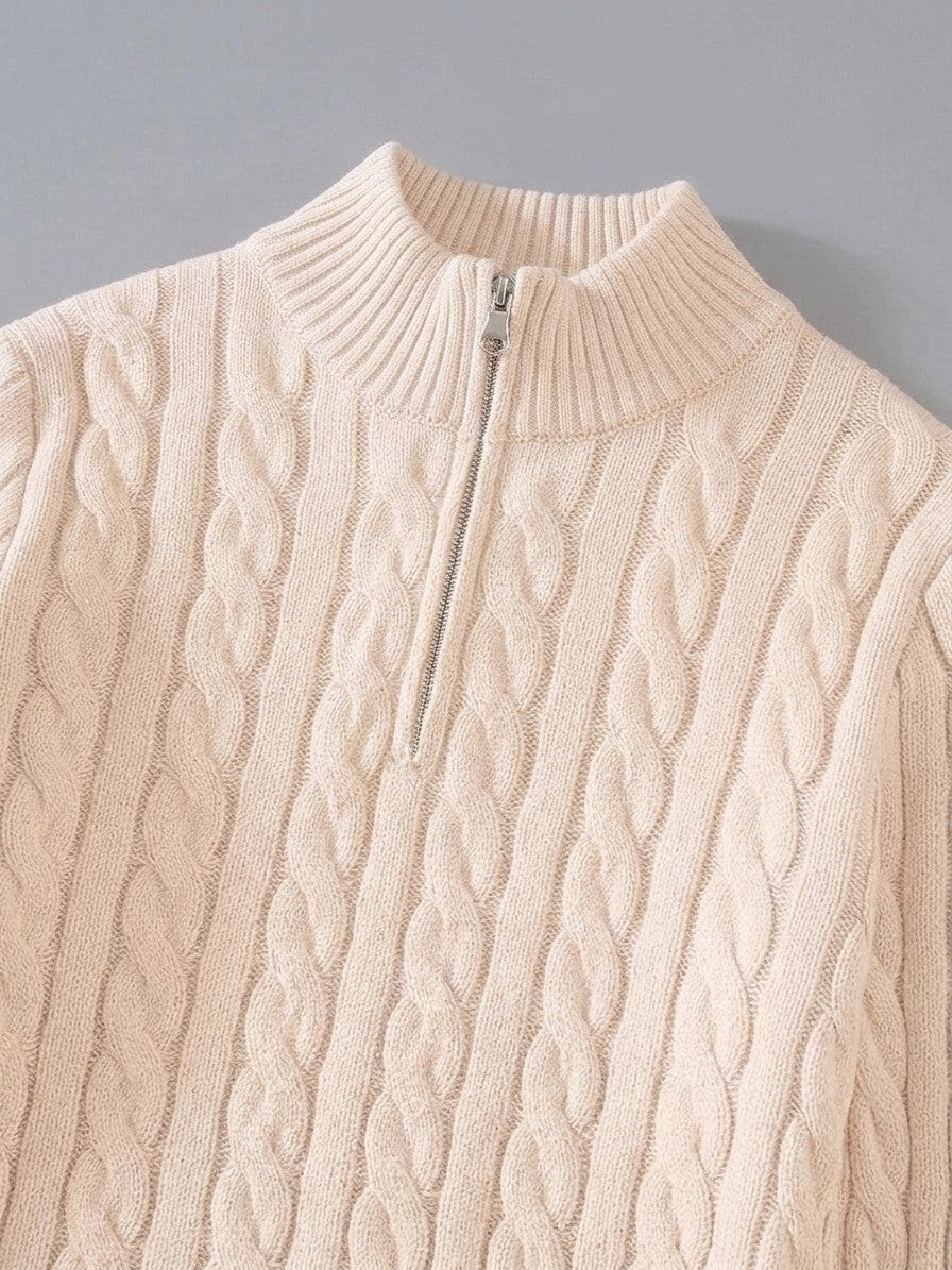 Cernobbio Men's Cable-Knit Half-Zip Sweater — cream — detail