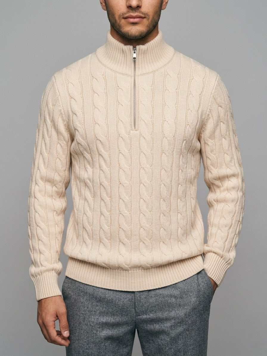 Cernobbio Men's Cable-Knit Half-Zip Sweater — cream — front