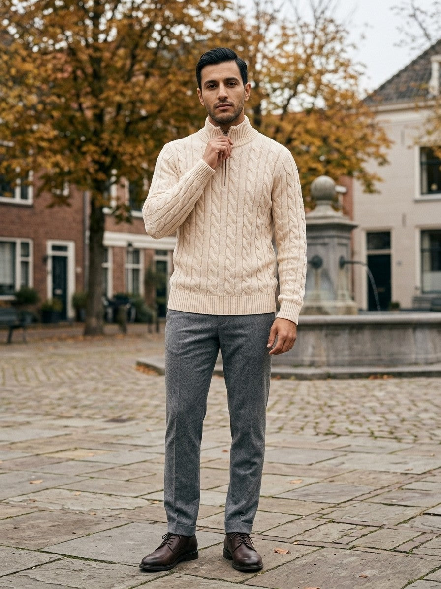 Cernobbio Men's Cable-Knit Half-Zip Sweater — cream — lifestyle