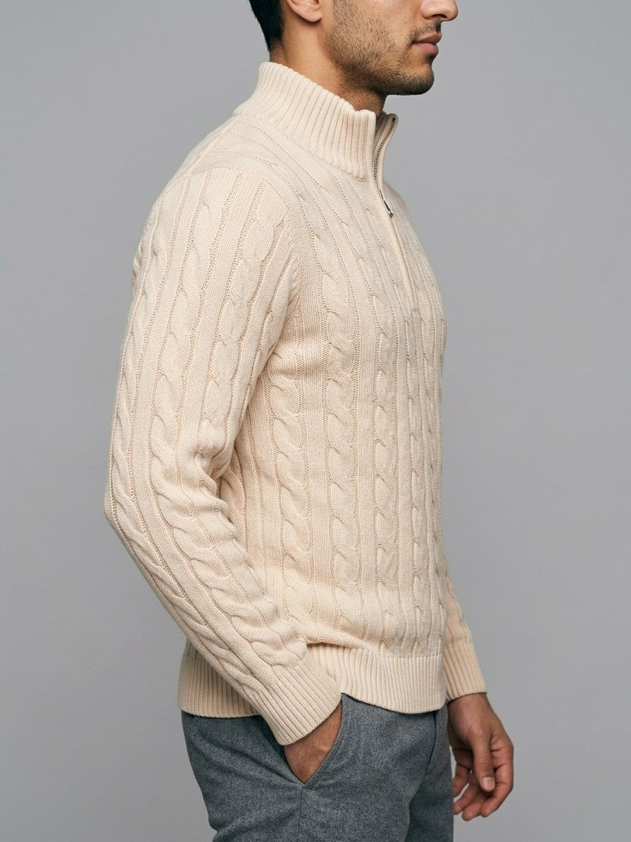 Cernobbio Men's Cable-Knit Half-Zip Sweater — cream — side