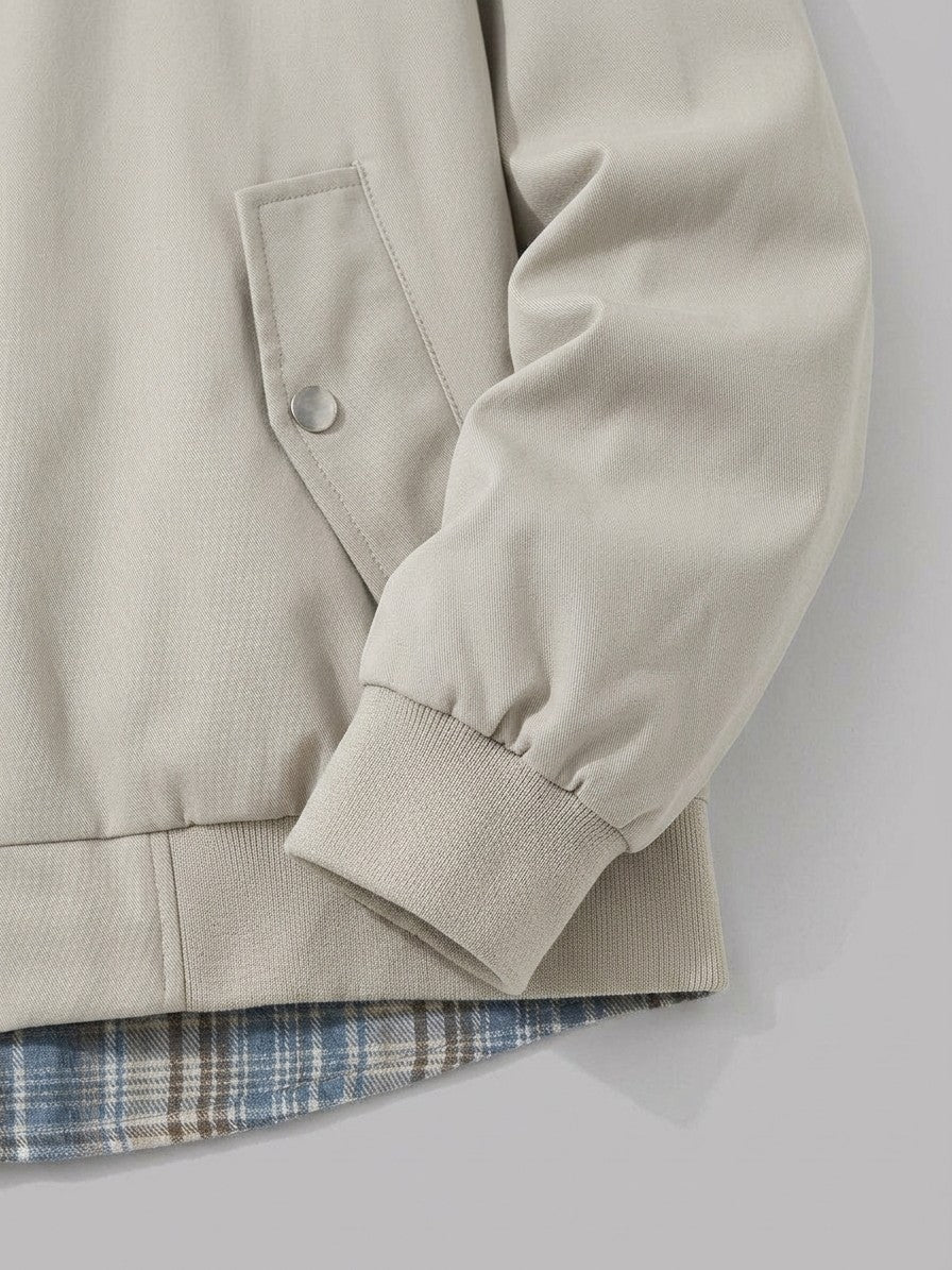 Certaldo Men's Plaid-Layered Harrington Jacket — apricot — detail-collar
