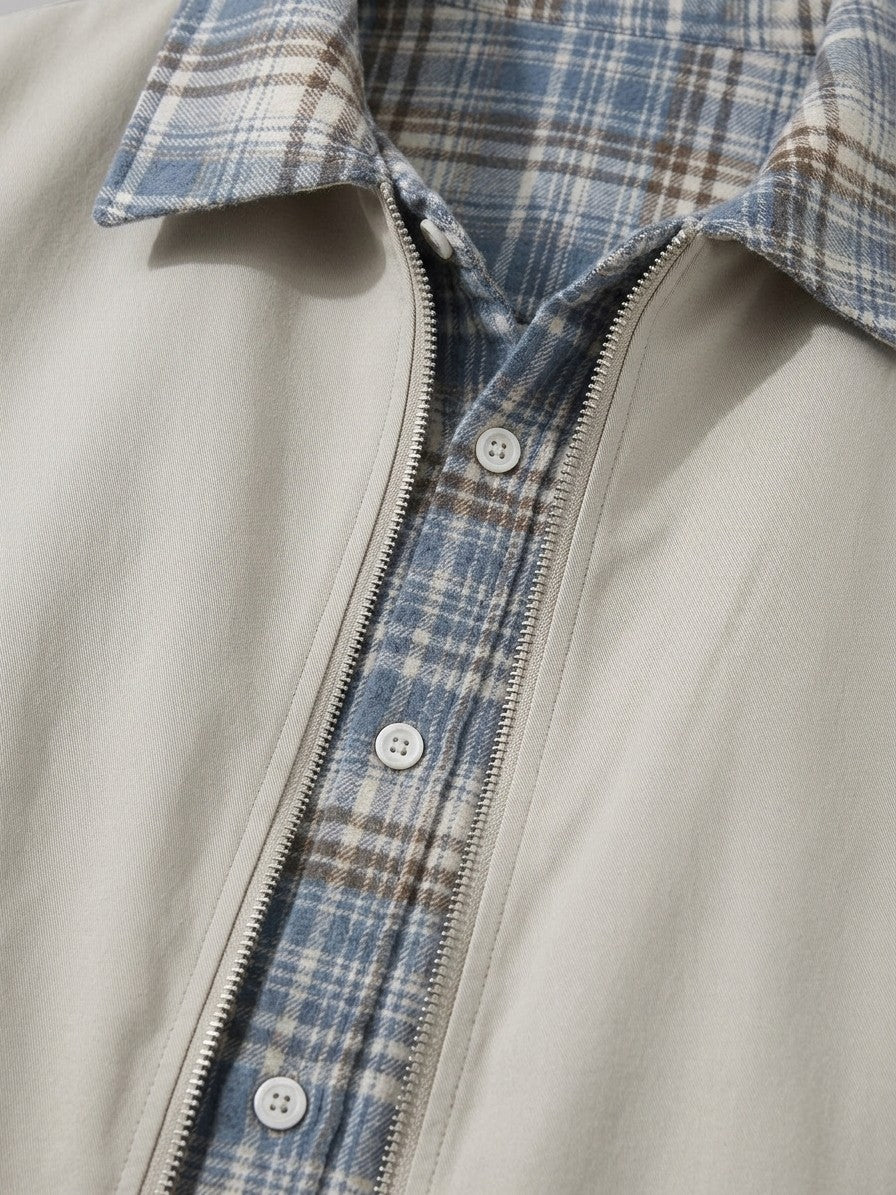 Certaldo Men's Plaid-Layered Harrington Jacket — apricot — detail