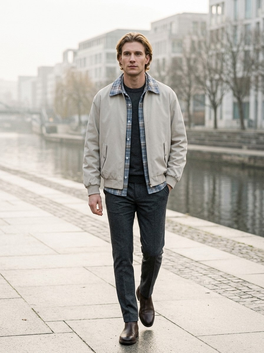 Certaldo Men's Plaid-Layered Harrington Jacket — apricot — lifestyle