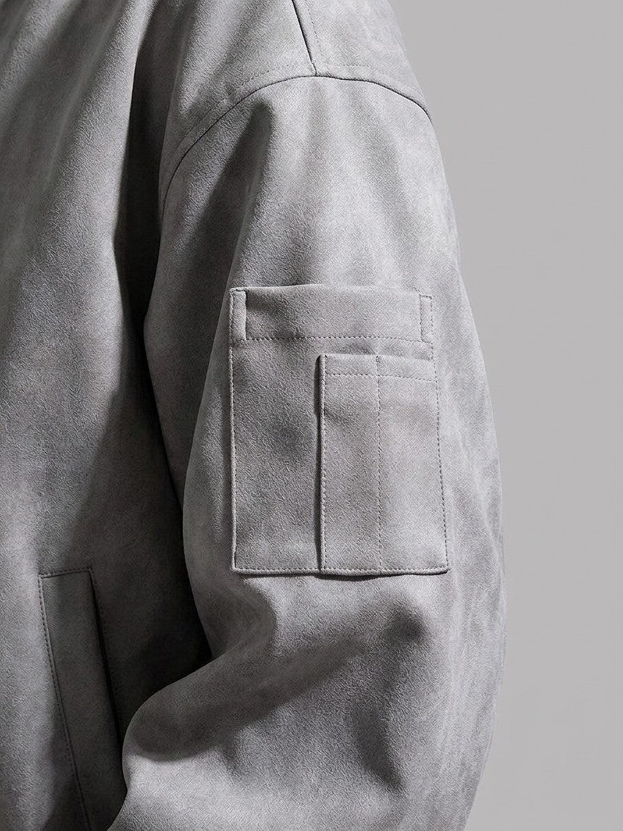 Cerveteri Men's Washed Faux Suede MA-1 Bomber — lightgray — detail-collar
