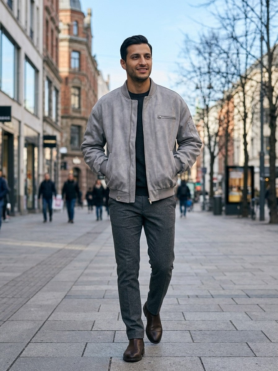 Cerveteri Men's Washed Faux Suede MA-1 Bomber — lightgray — lifestyle