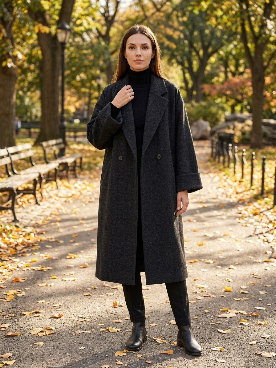 Cervo Women's Oversized Cocoon Maxi Coat — black — lifestyle