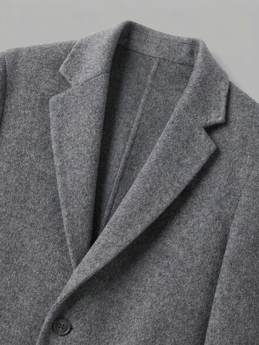 Cesena Men's Wool Tailored Long Coat — grey — detail-collar