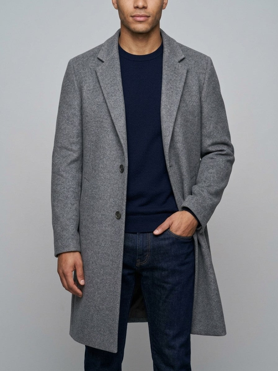 Cesena Men's Wool Tailored Long Coat — grey — front
