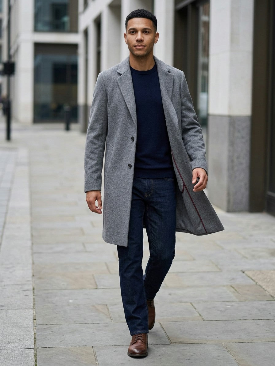 Cesena Men's Wool Tailored Long Coat — grey — lifestyle