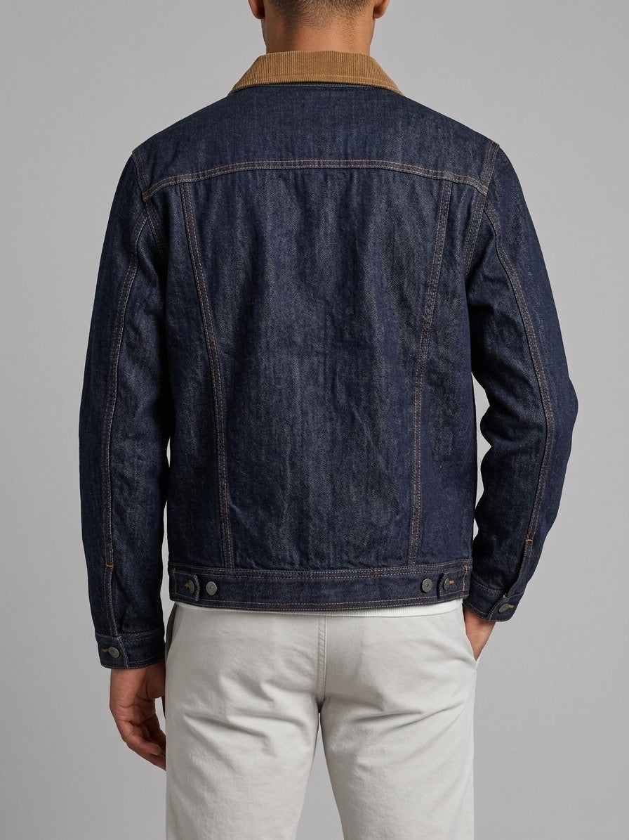 Cetara Men's Corduroy-Collar Denim Trucker Jacket — indigo — back