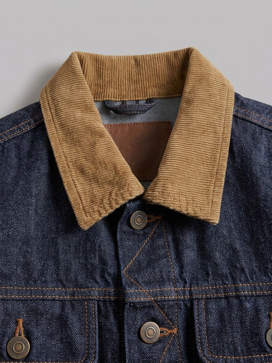 Cetara Men's Corduroy-Collar Denim Trucker Jacket — indigo — detail