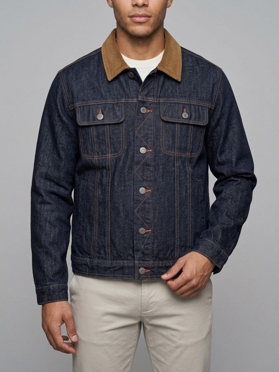 Cetara Men's Corduroy-Collar Denim Trucker Jacket — indigo — front