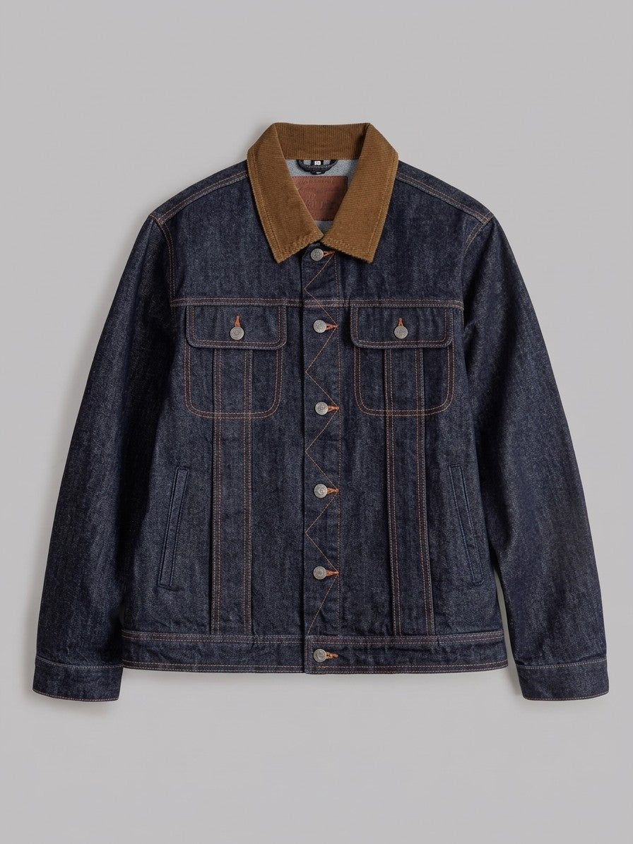 Cetara Men's Corduroy-Collar Denim Trucker Jacket — indigo — packshot
