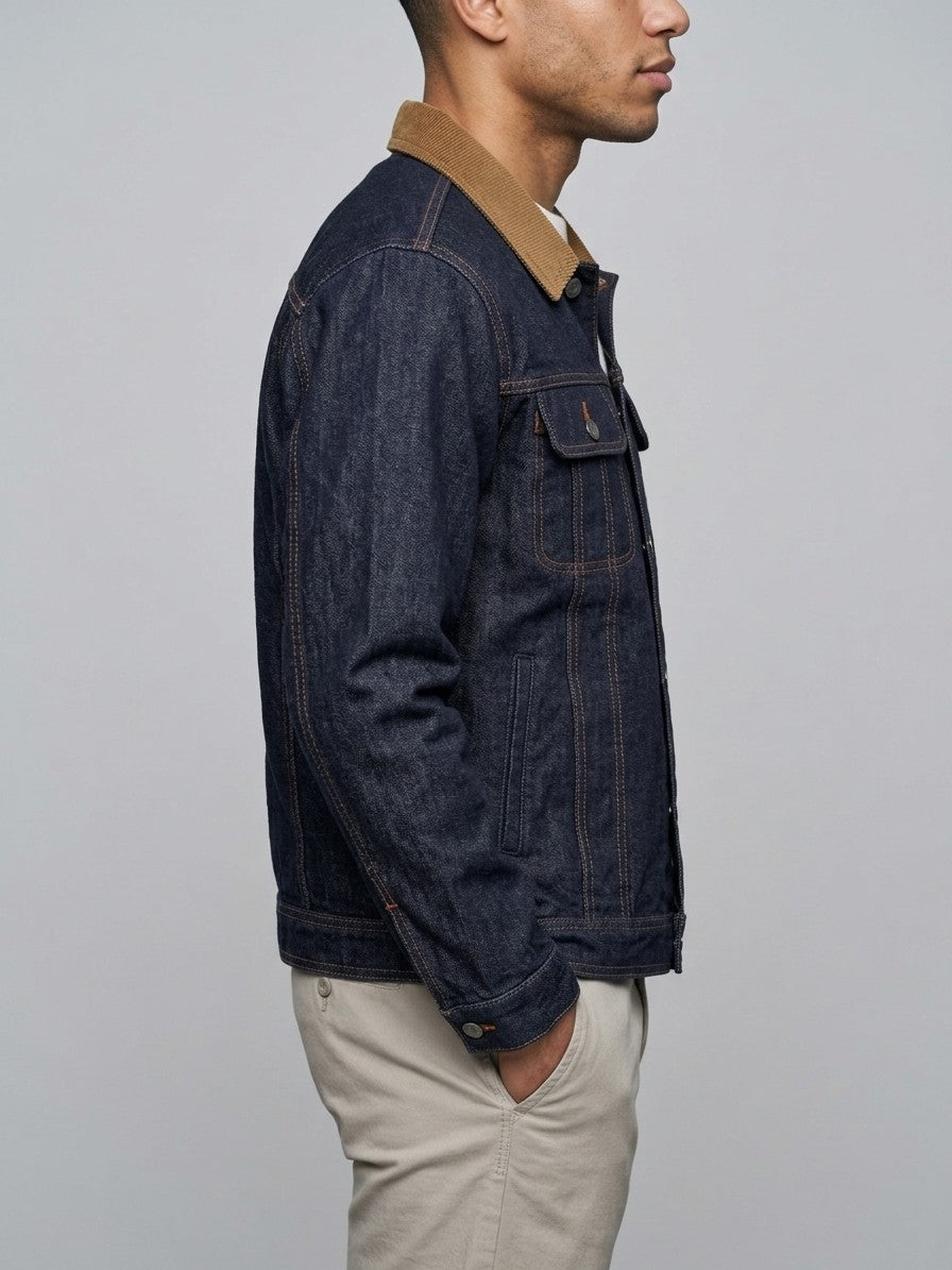 Cetara Men's Corduroy-Collar Denim Trucker Jacket — indigo — side