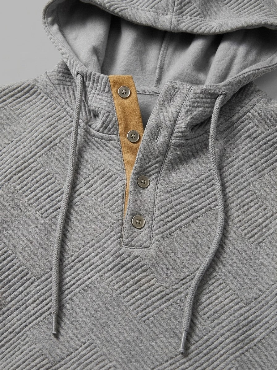 Chiari Men's Textured Henley Hoodie & Jogger Set — grey — detail-collar