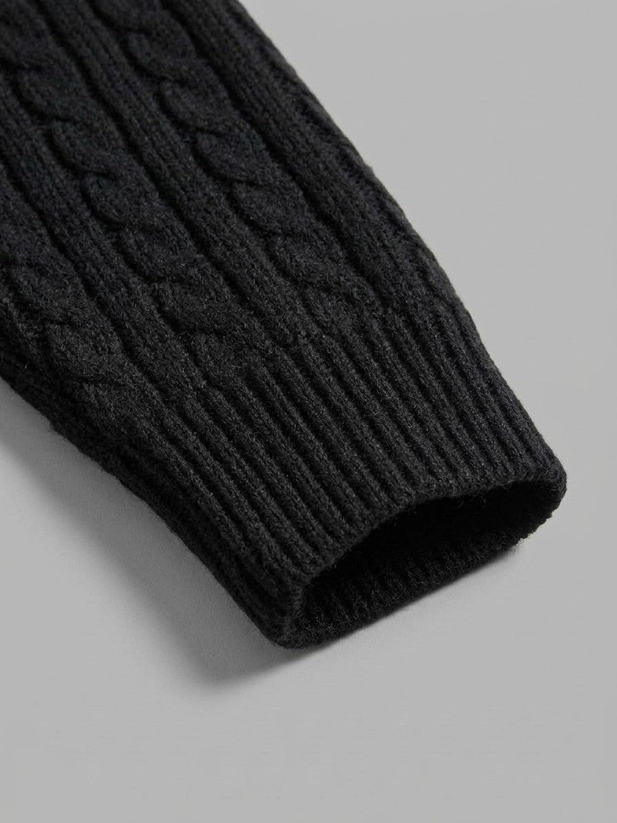 Chiavenna Men's Double-Breasted Cable-Knit Cardigan — black — detail-collar