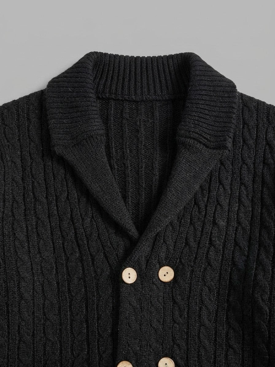 Chiavenna Men's Double-Breasted Cable-Knit Cardigan — black — detail