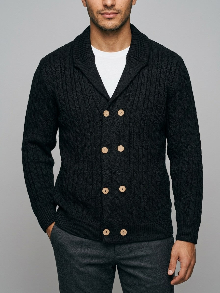 Chiavenna Men's Double-Breasted Cable-Knit Cardigan — black — front