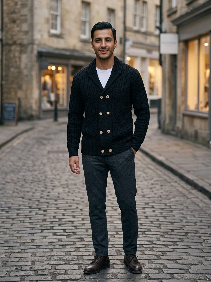 Chiavenna Men's Double-Breasted Cable-Knit Cardigan — black — lifestyle