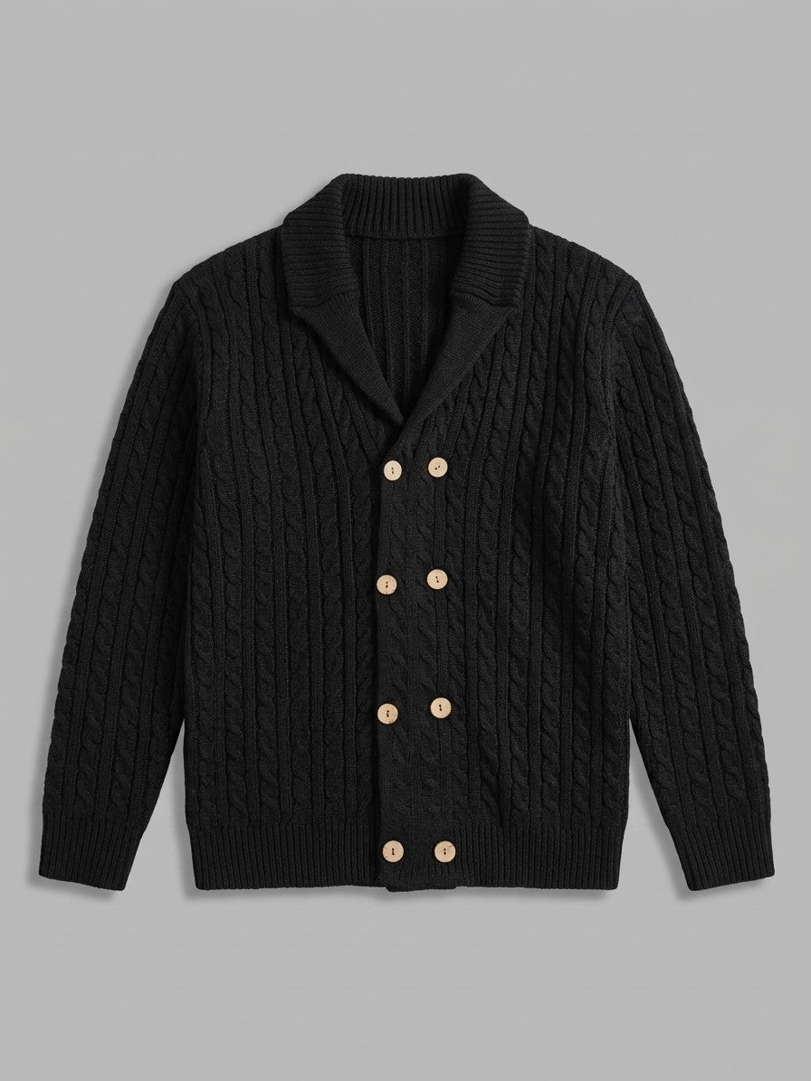 Chiavenna Men's Double-Breasted Cable-Knit Cardigan — black — packshot