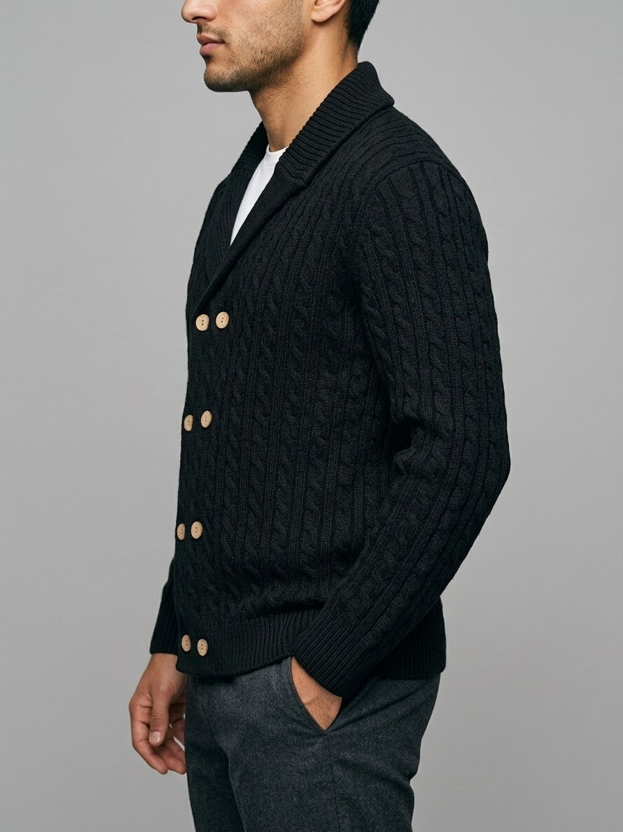 Chiavenna Men's Double-Breasted Cable-Knit Cardigan — black — side