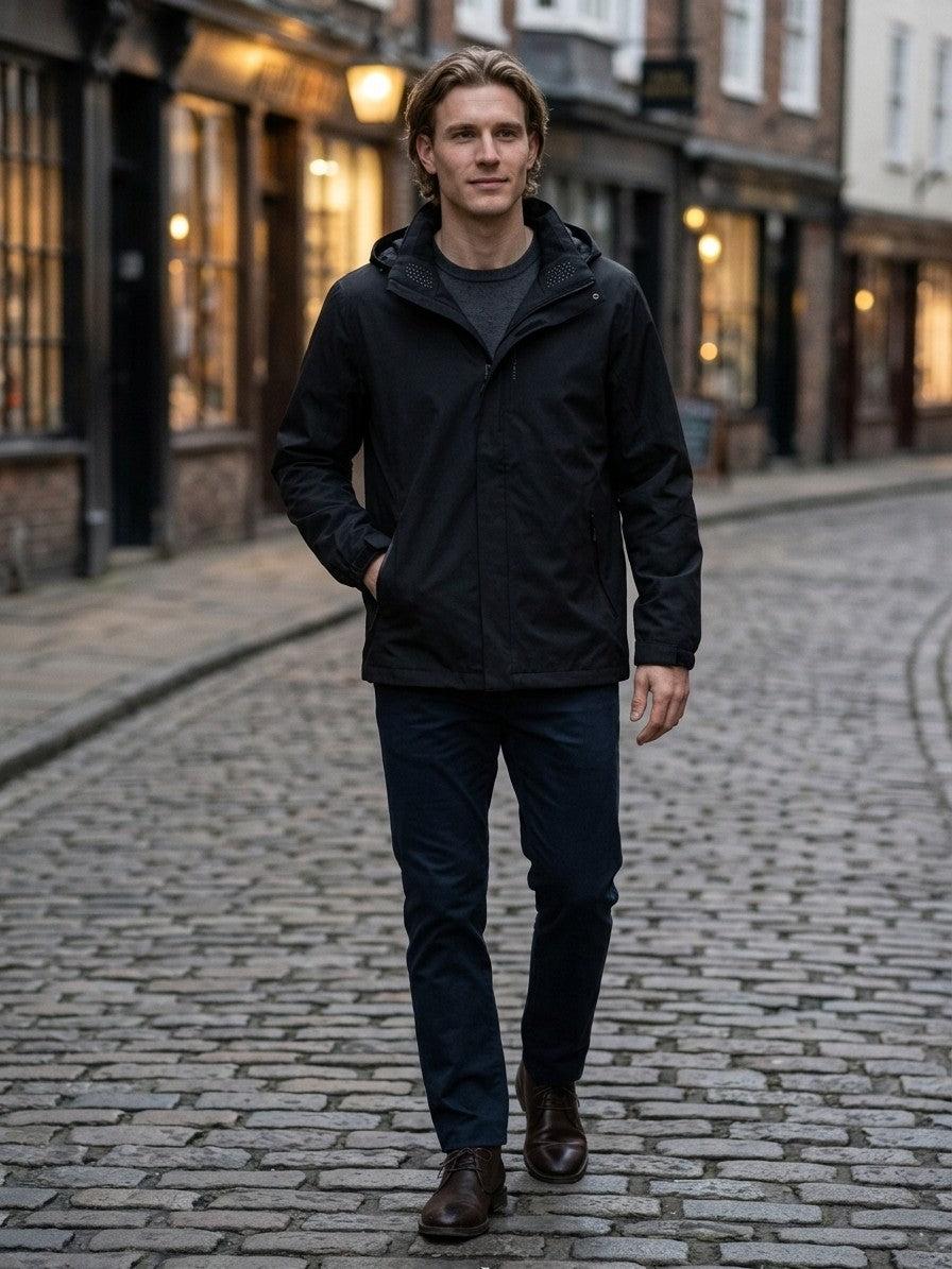 Chieri Men's Lightweight Hooded Rain Jacket — black — lifestyle