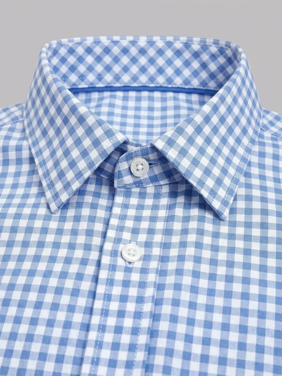 Chieti Men's Gingham Long-Sleeve Shirt — lightblue — detail-collar
