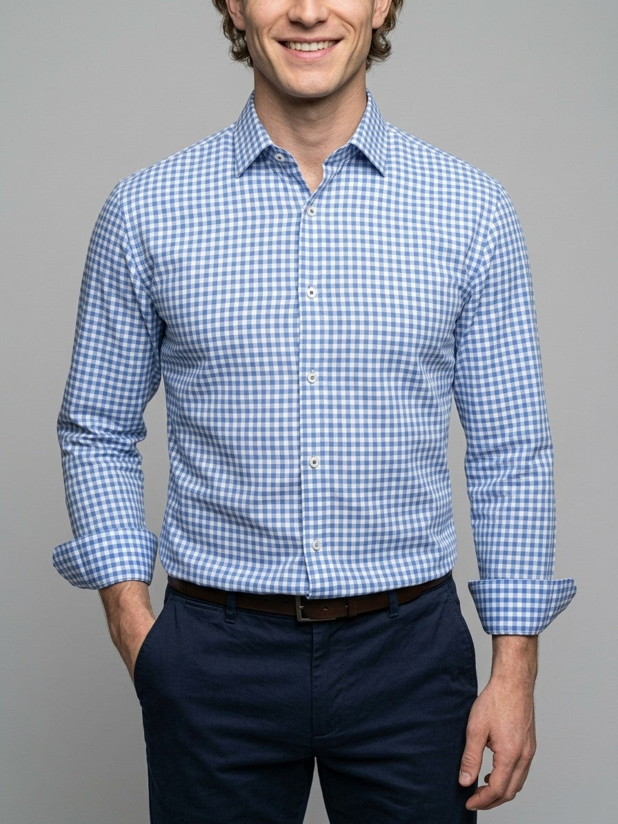 Chieti Men's Gingham Long-Sleeve Shirt — lightblue — front