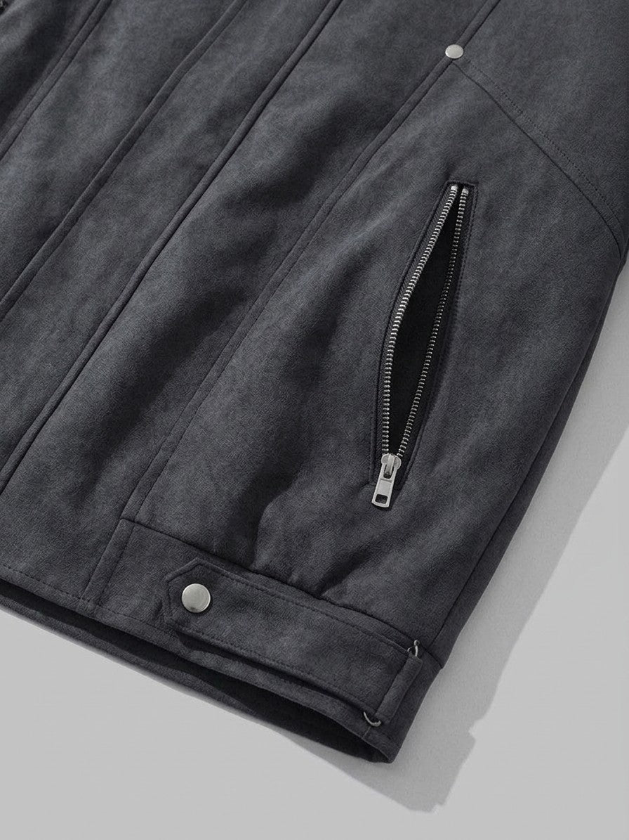 Chioggia Men's Brushed Stand-Collar Utility Jacket — black — detail-collar