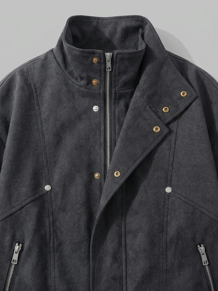 Chioggia Men's Brushed Stand-Collar Utility Jacket — black — detail