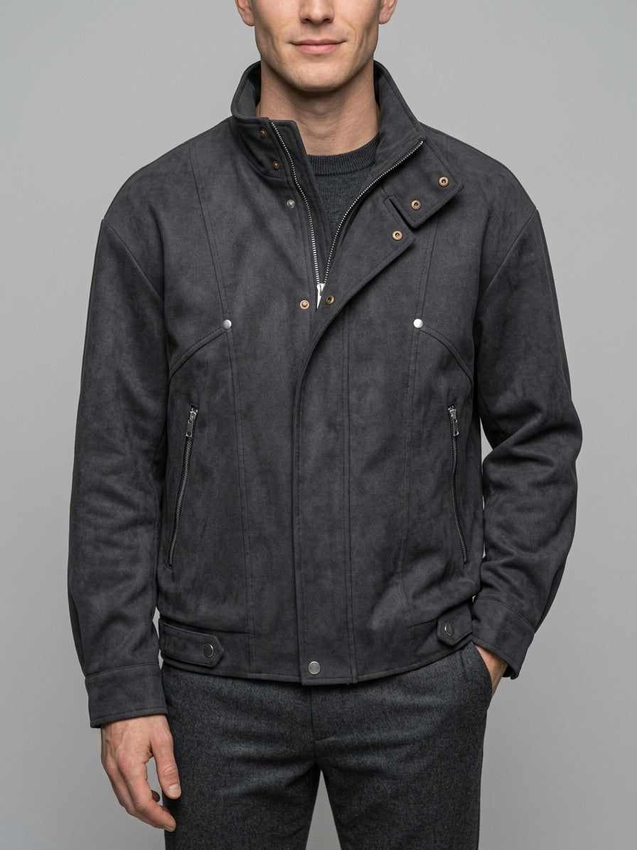 Chioggia Men's Brushed Stand-Collar Utility Jacket — black — front