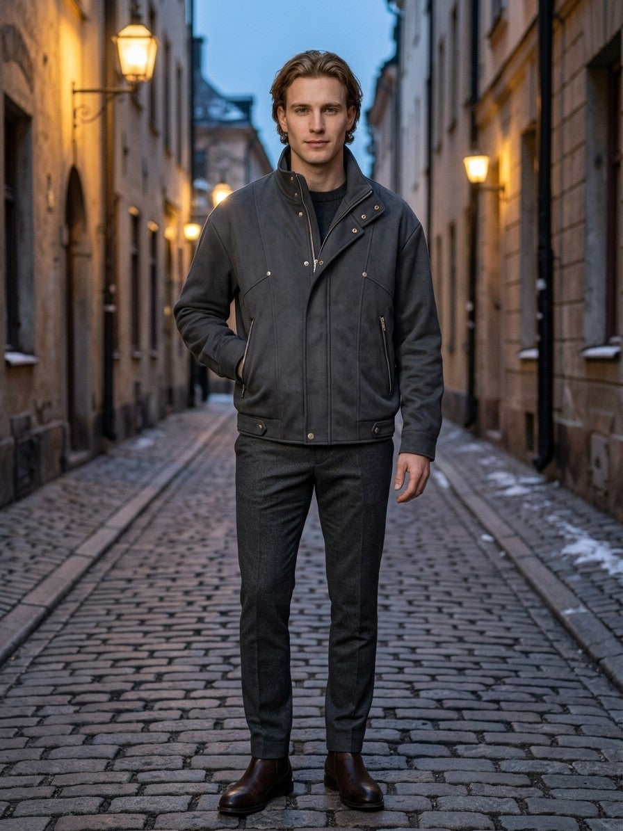Chioggia Men's Brushed Stand-Collar Utility Jacket — black — lifestyle