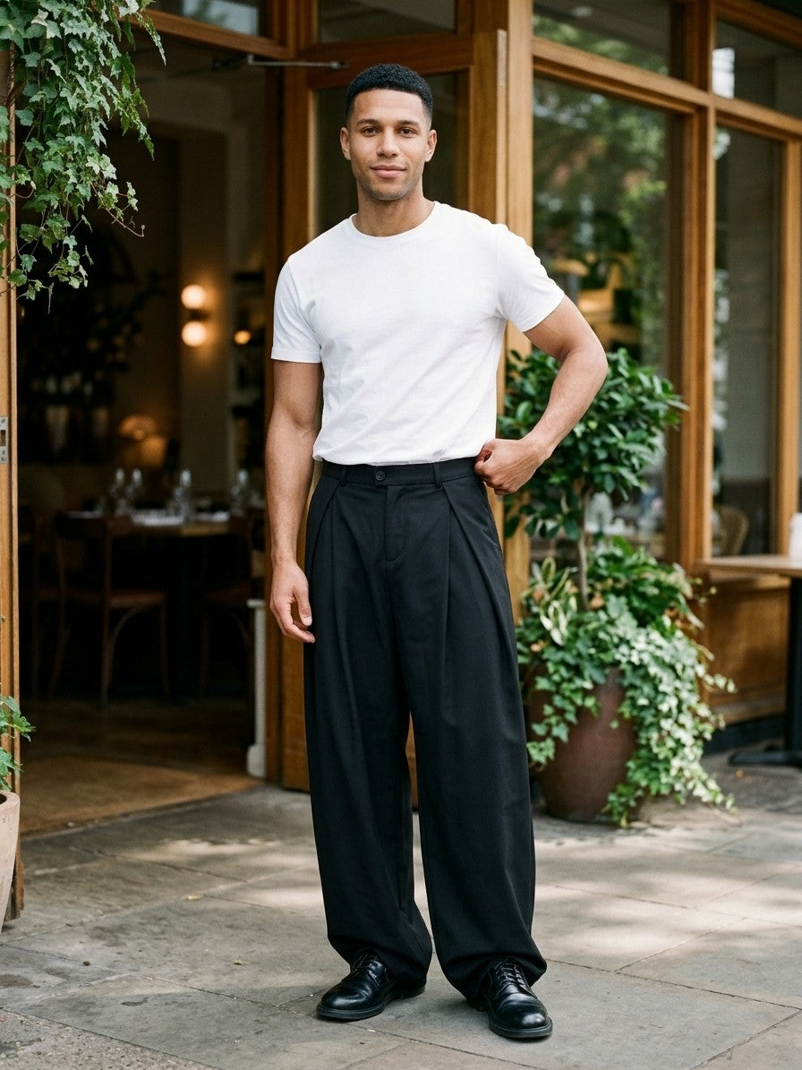 Cisterna Men's Extra-Wide Drape Pleated Trousers — black — lifestyle