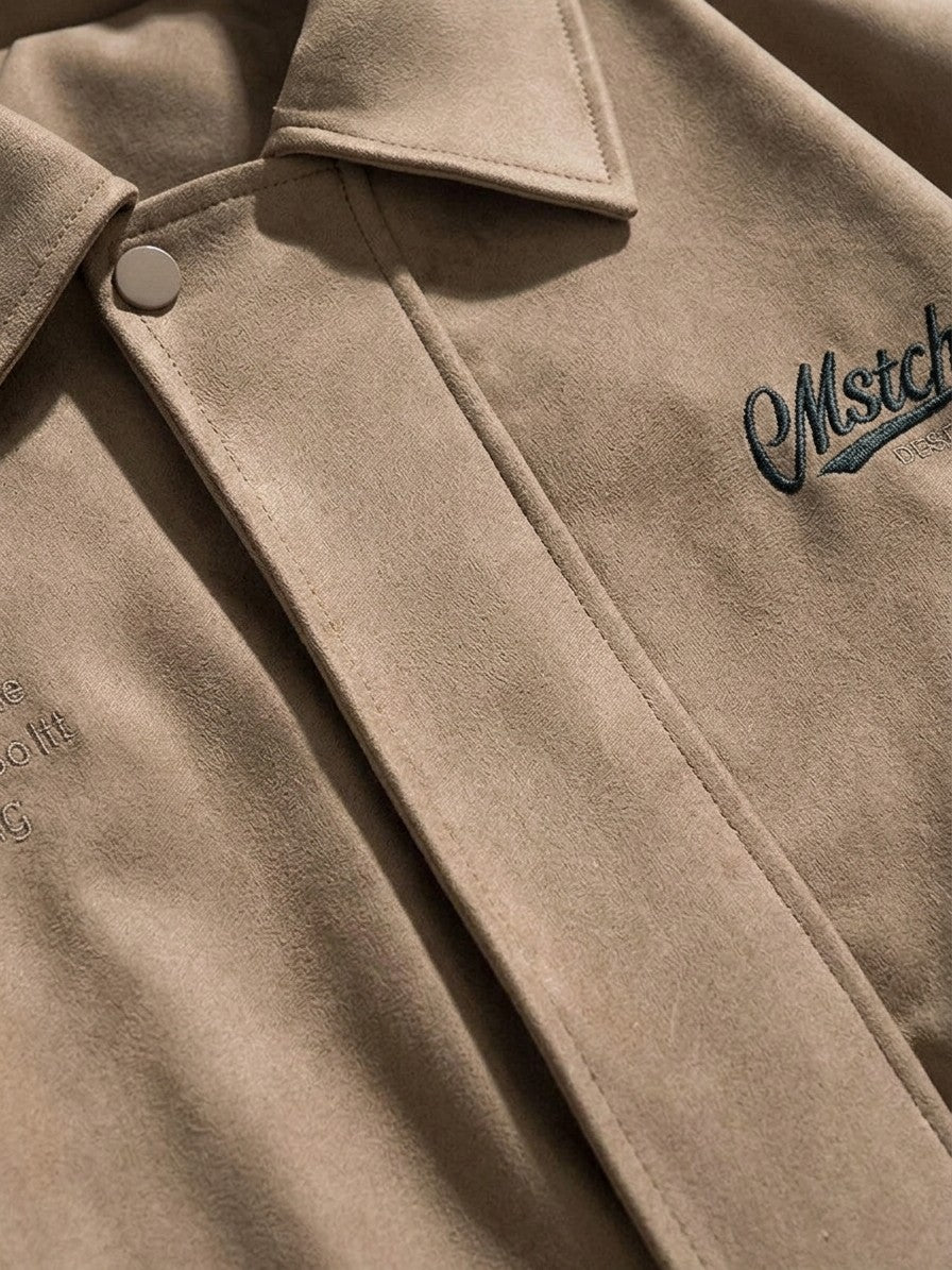 Cisternino Men's Embroidered Faux Suede Bomber Jacket — khaki — detail-collar