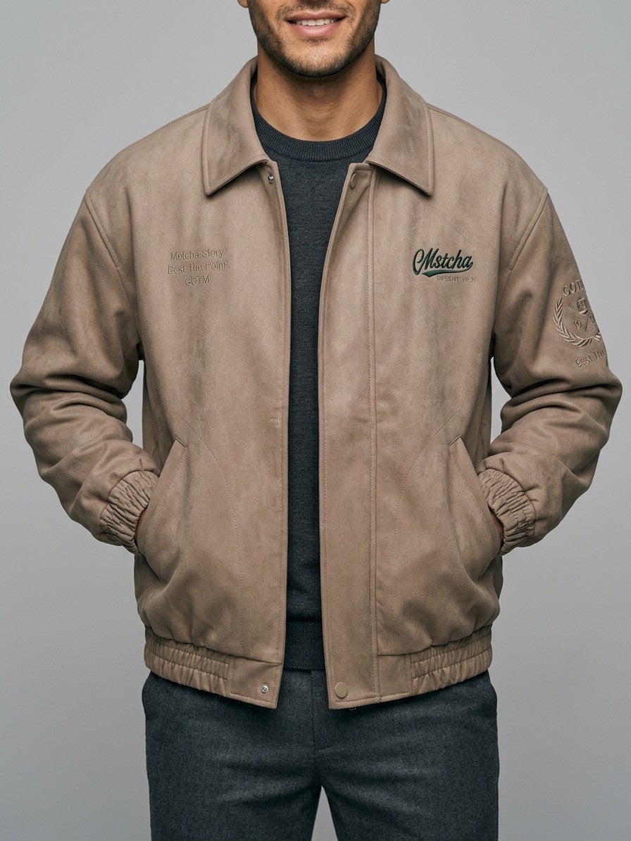 Cisternino Men's Embroidered Faux Suede Bomber Jacket — khaki — front