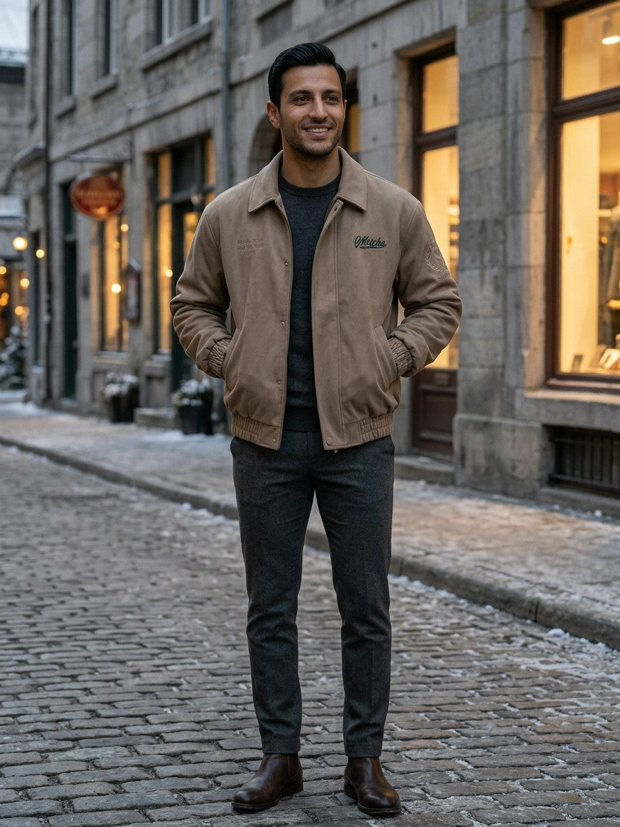 Cisternino Men's Embroidered Faux Suede Bomber Jacket — khaki — lifestyle