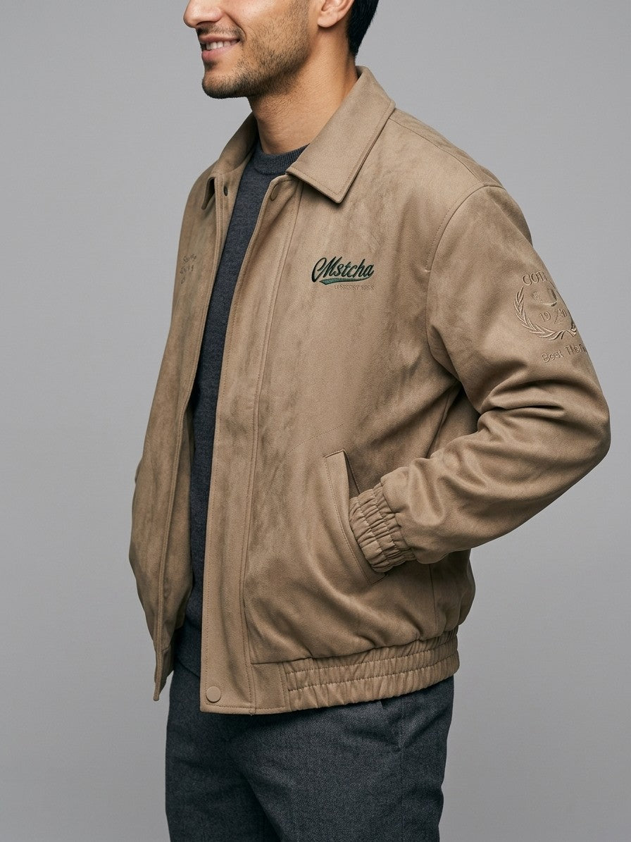 Cisternino Men's Embroidered Faux Suede Bomber Jacket — khaki — side
