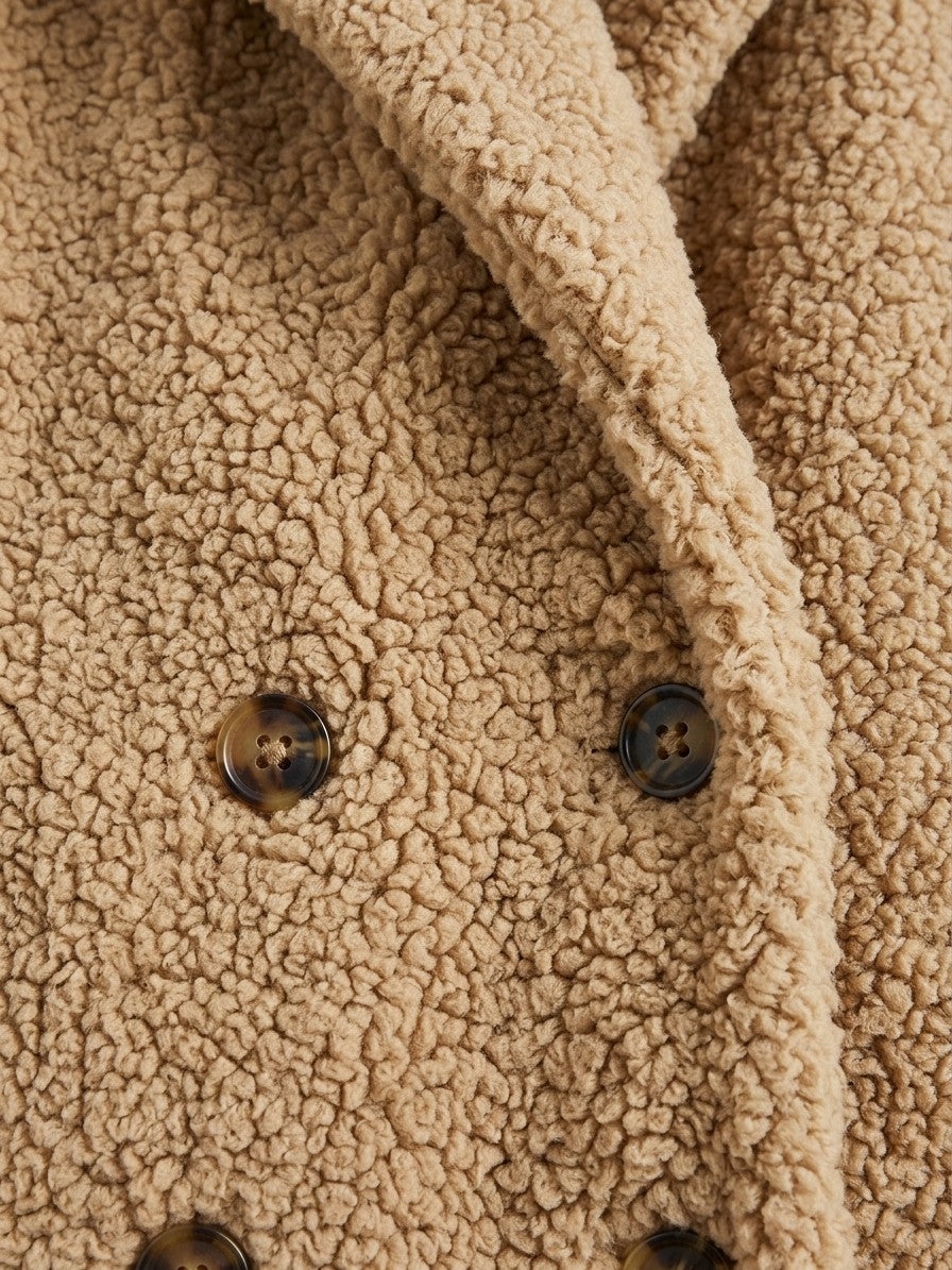Citerna Women's Double-Breasted Teddy Coat — khaki — detail-collar