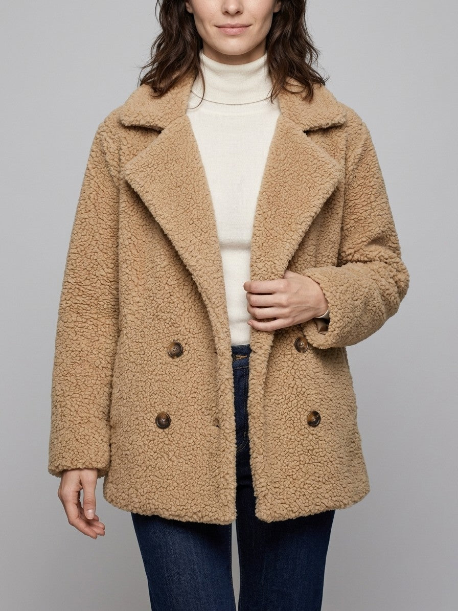 Citerna Women's Double-Breasted Teddy Coat — khaki — front