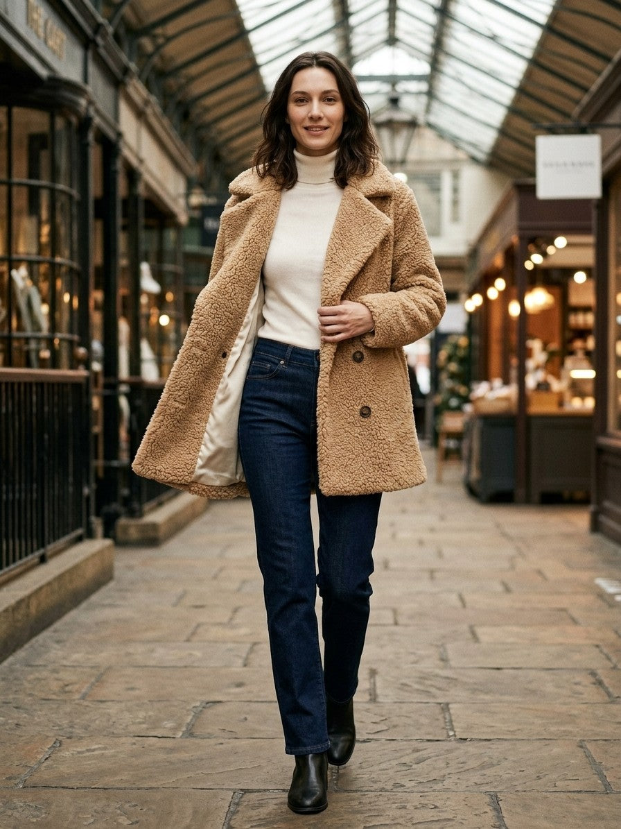 Citerna Women's Double-Breasted Teddy Coat — khaki — lifestyle