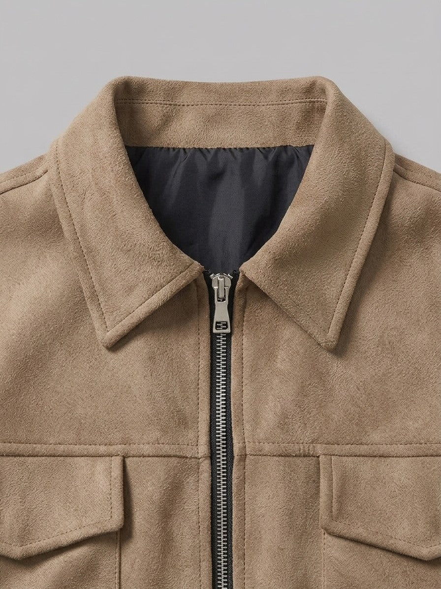 Civitavecchia Men's Four-Pocket Zip Suede Jacket — tan — detail-collar