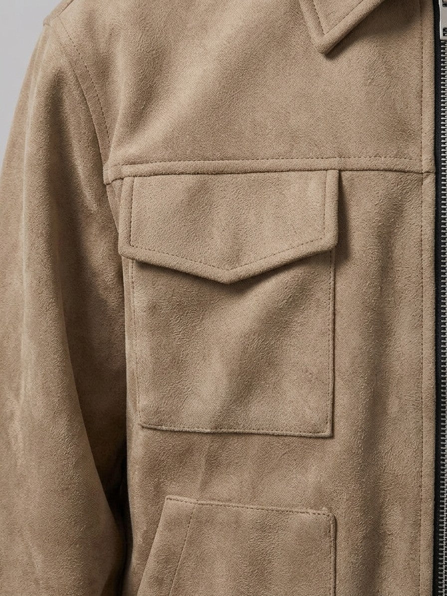 Civitavecchia Men's Four-Pocket Zip Suede Jacket — tan — detail