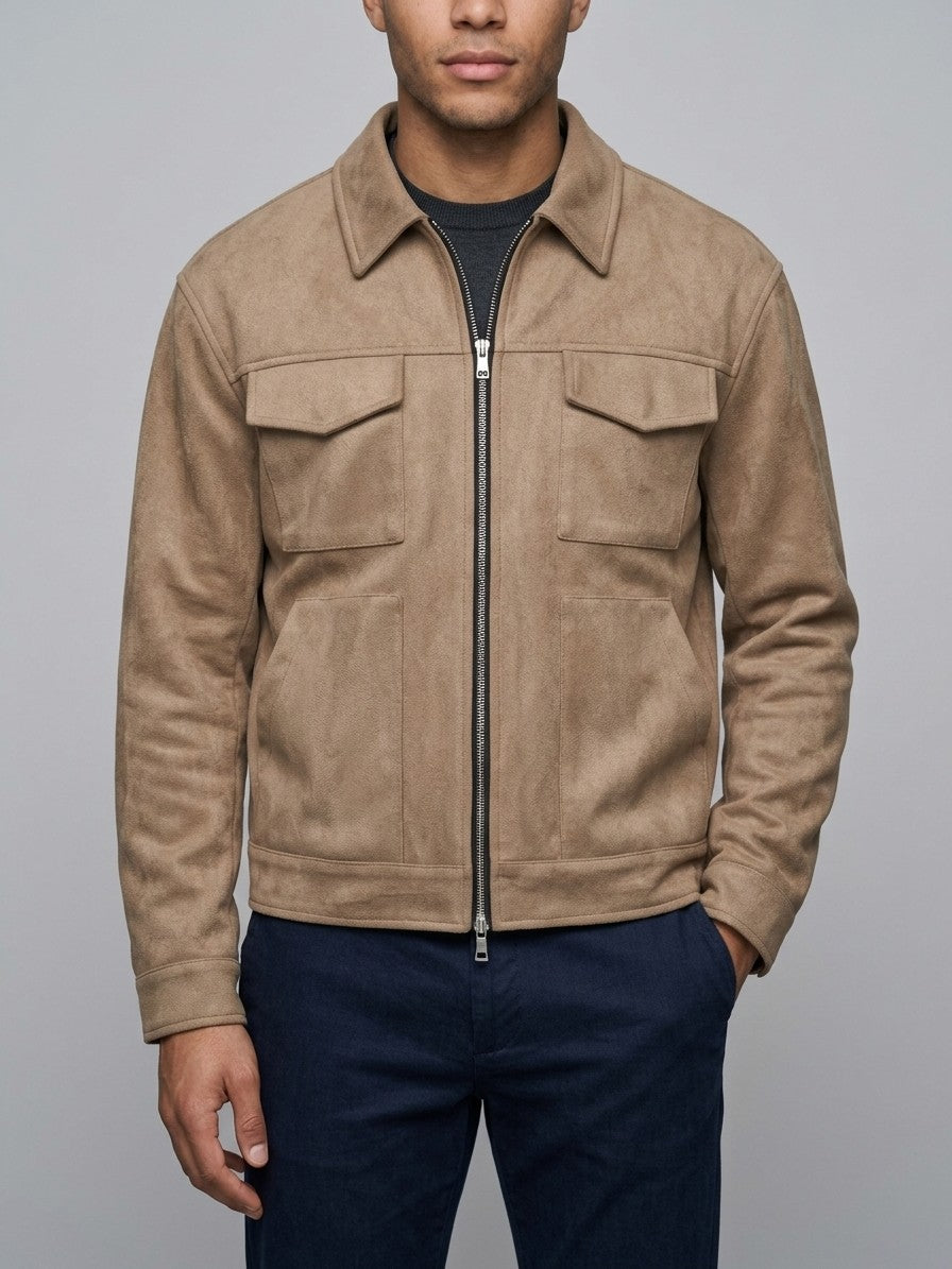 Civitavecchia Men's Four-Pocket Zip Suede Jacket — tan — front