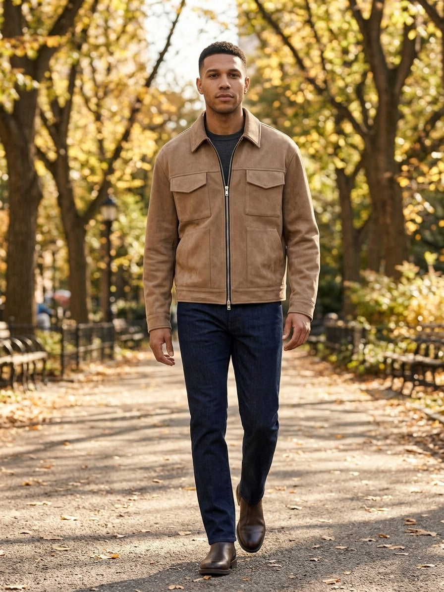 Civitavecchia Men's Four-Pocket Zip Suede Jacket — tan — lifestyle