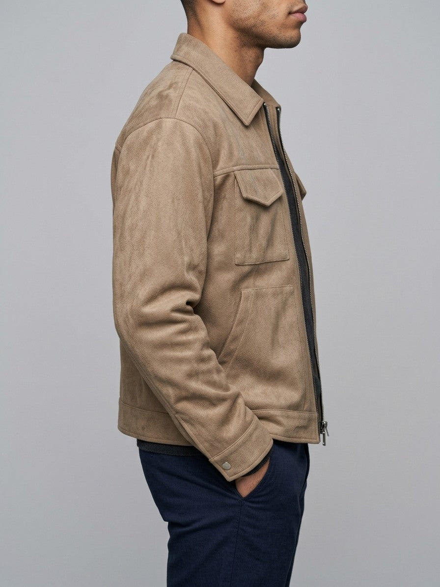Civitavecchia Men's Four-Pocket Zip Suede Jacket — tan — side