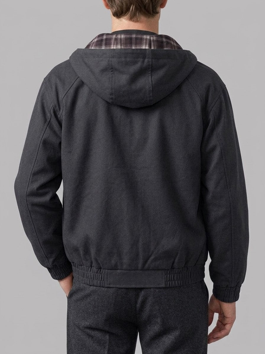 Clusone Men's Plaid-Lined Hooded Bomber Jacket — black — back