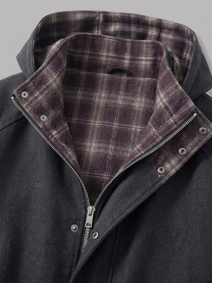 Clusone Men's Plaid-Lined Hooded Bomber Jacket — black — detail