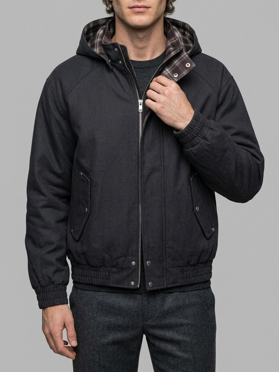 Clusone Men's Plaid-Lined Hooded Bomber Jacket — black — front