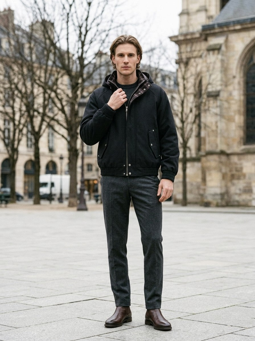 Clusone Men's Plaid-Lined Hooded Bomber Jacket — black — lifestyle